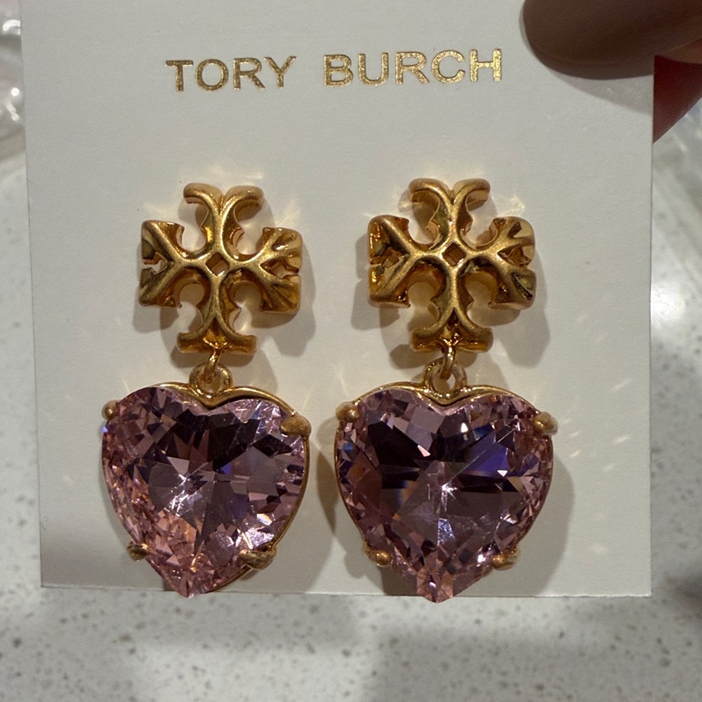 Tory Burch Gold and Pink Heart Drop Earrings